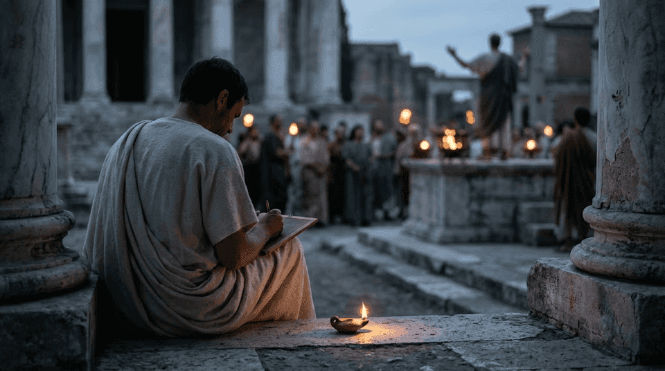 A Roman man writing alone on a wax tablet by an oil lamp, while a crowd gathers around an orator in the Forum behind him