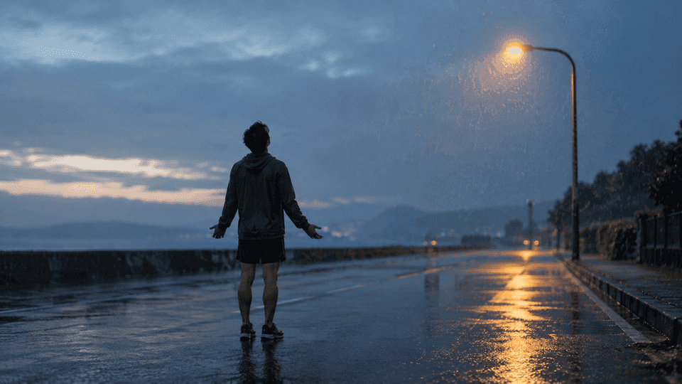 A runner standing still on a wet seaside road before dawn, arms open to the rain under a single streetlamp