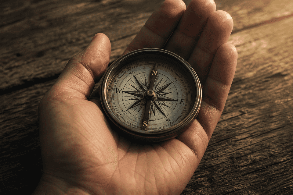 A vintage brass compass resting in an open palm on weathered wood