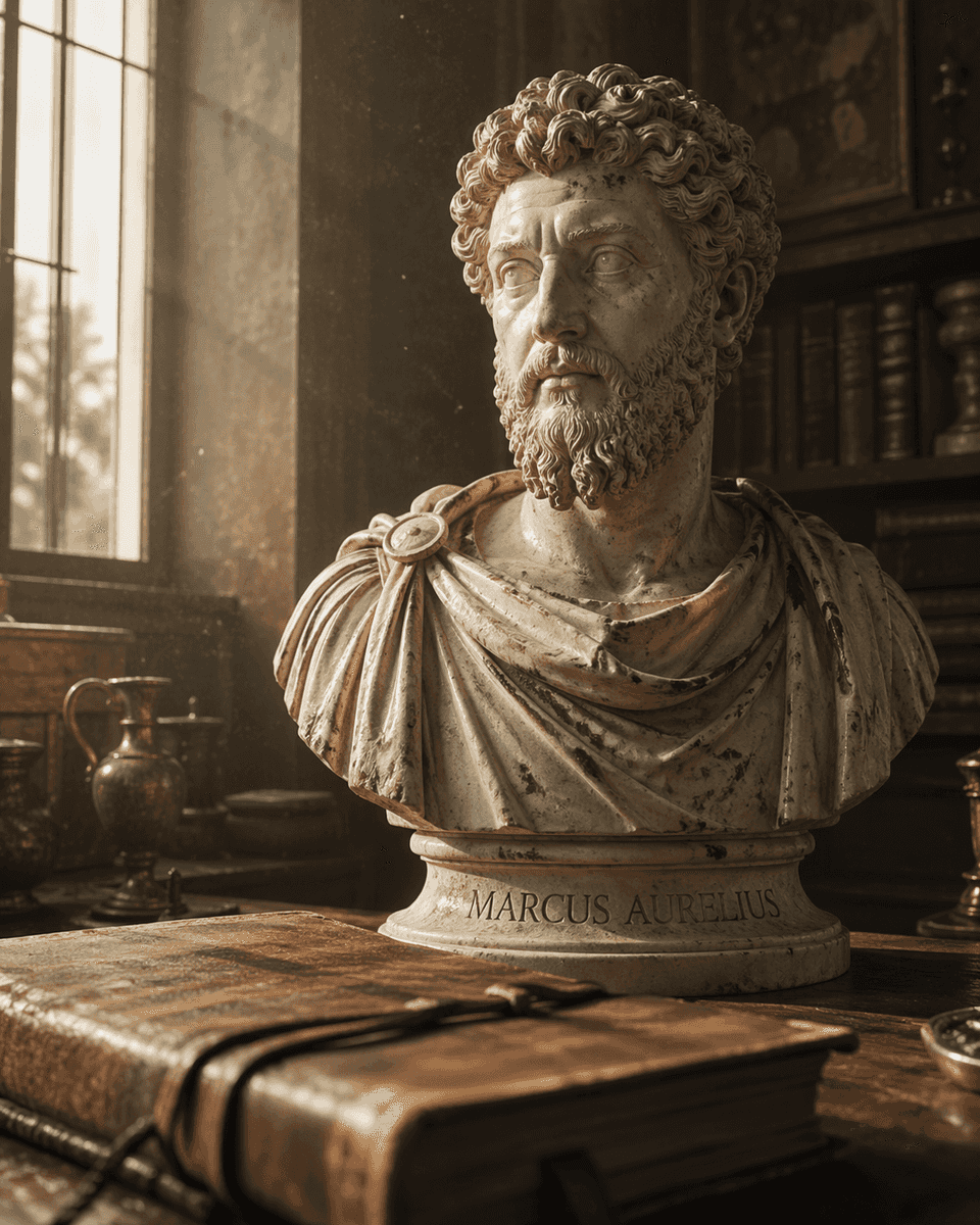 A marble bust of Marcus Aurelius on a wooden desk in a softly lit study, with a leather-bound book and old bookshelves in the background
