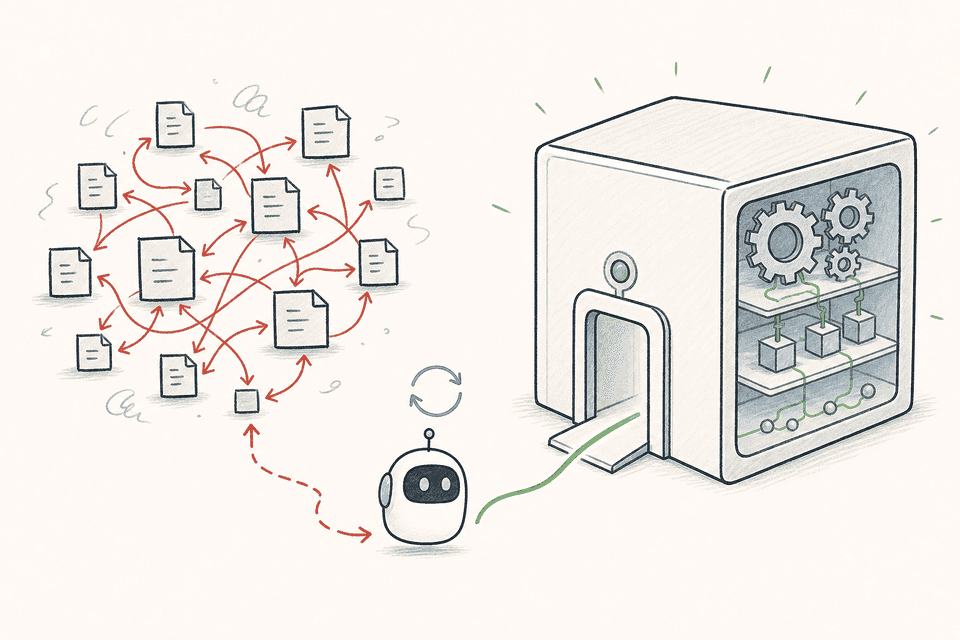 An AI coding agent choosing between a tangled web of shallow files and a deep module with one clear interface.