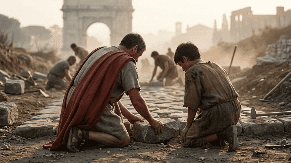 A Roman leader in a red cloak kneeling beside a young worker, setting a paving stone together on a half-built road